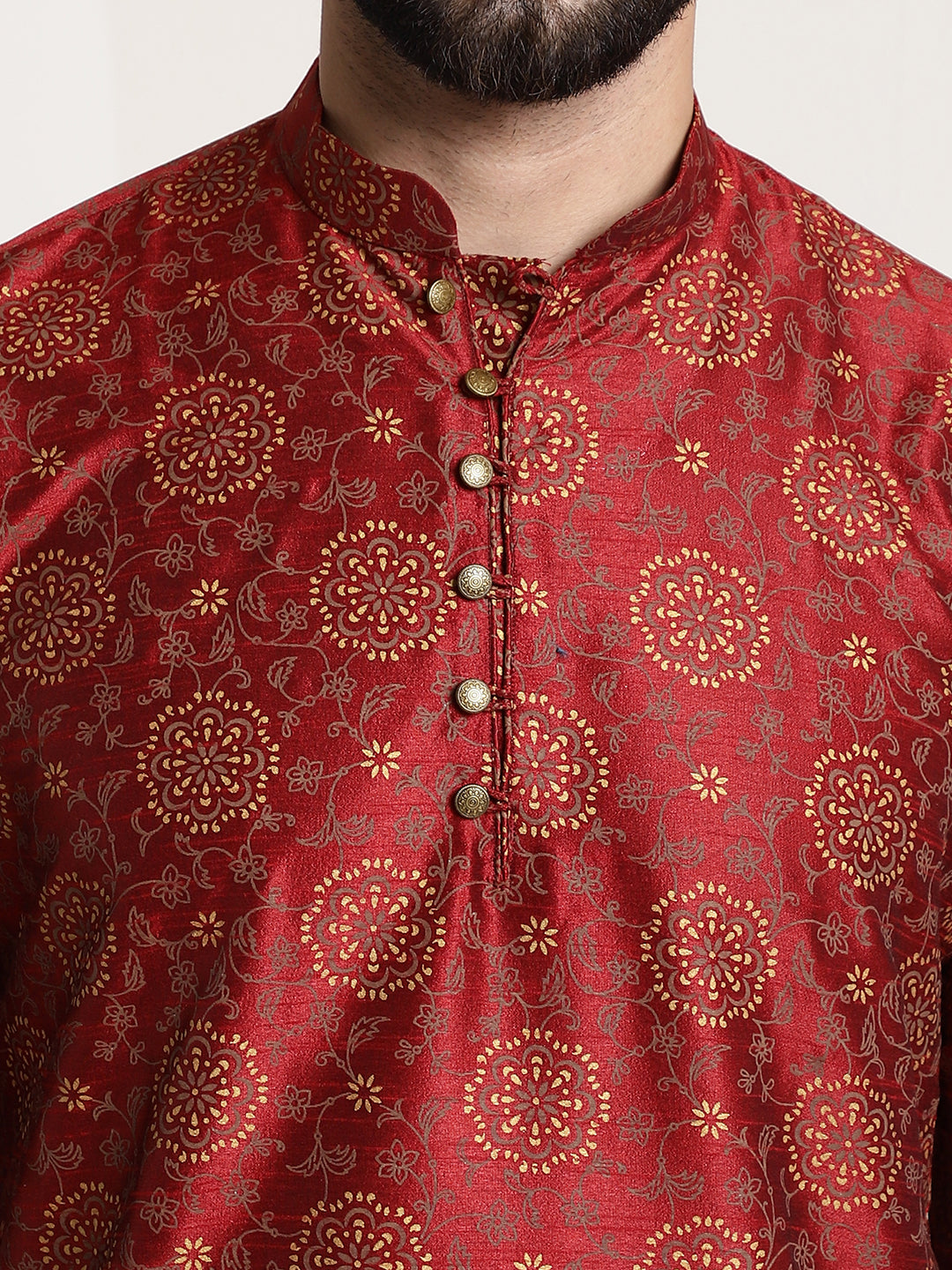 Men's Silk Blend Maroon Printed Long Kurta