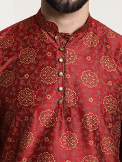 Men's Silk Blend Maroon Printed Long Kurta