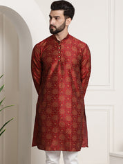 Men's Silk Blend Maroon Printed Long Kurta