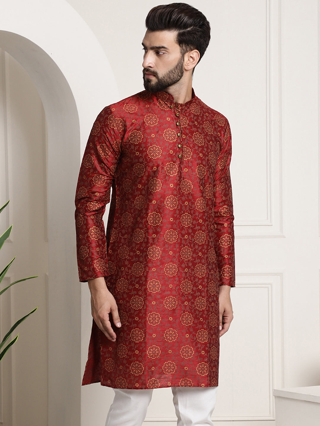 Men's Silk Blend Maroon Printed Long Kurta