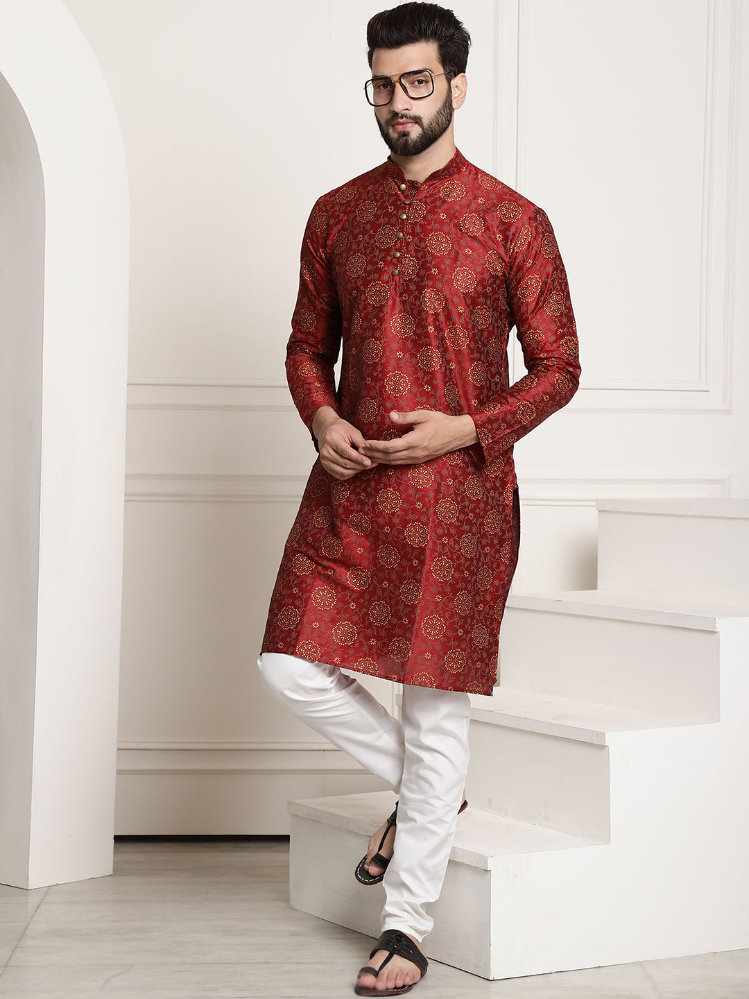 Men's Silk Blend Maroon printed Kurta and White Churidar Pyjama Set