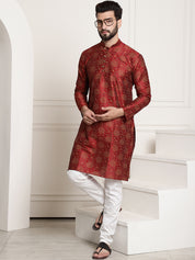 Men's Silk Blend Maroon printed Kurta and White Churidar Pyjama Set