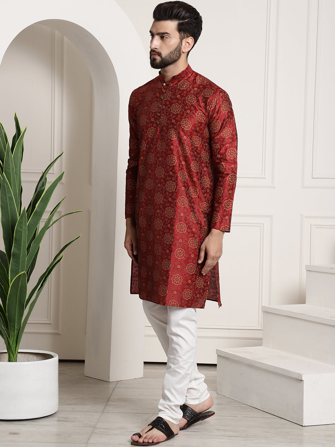 Men's Silk Blend Maroon printed Kurta and White Churidar Pyjama Set