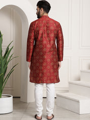 Men's Silk Blend Maroon printed Kurta and White Churidar Pyjama Set