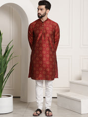 Men's Silk Blend Maroon printed Kurta and White Churidar Pyjama Set