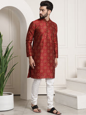 Men's Silk Blend Maroon printed Kurta and White Churidar Pyjama Set