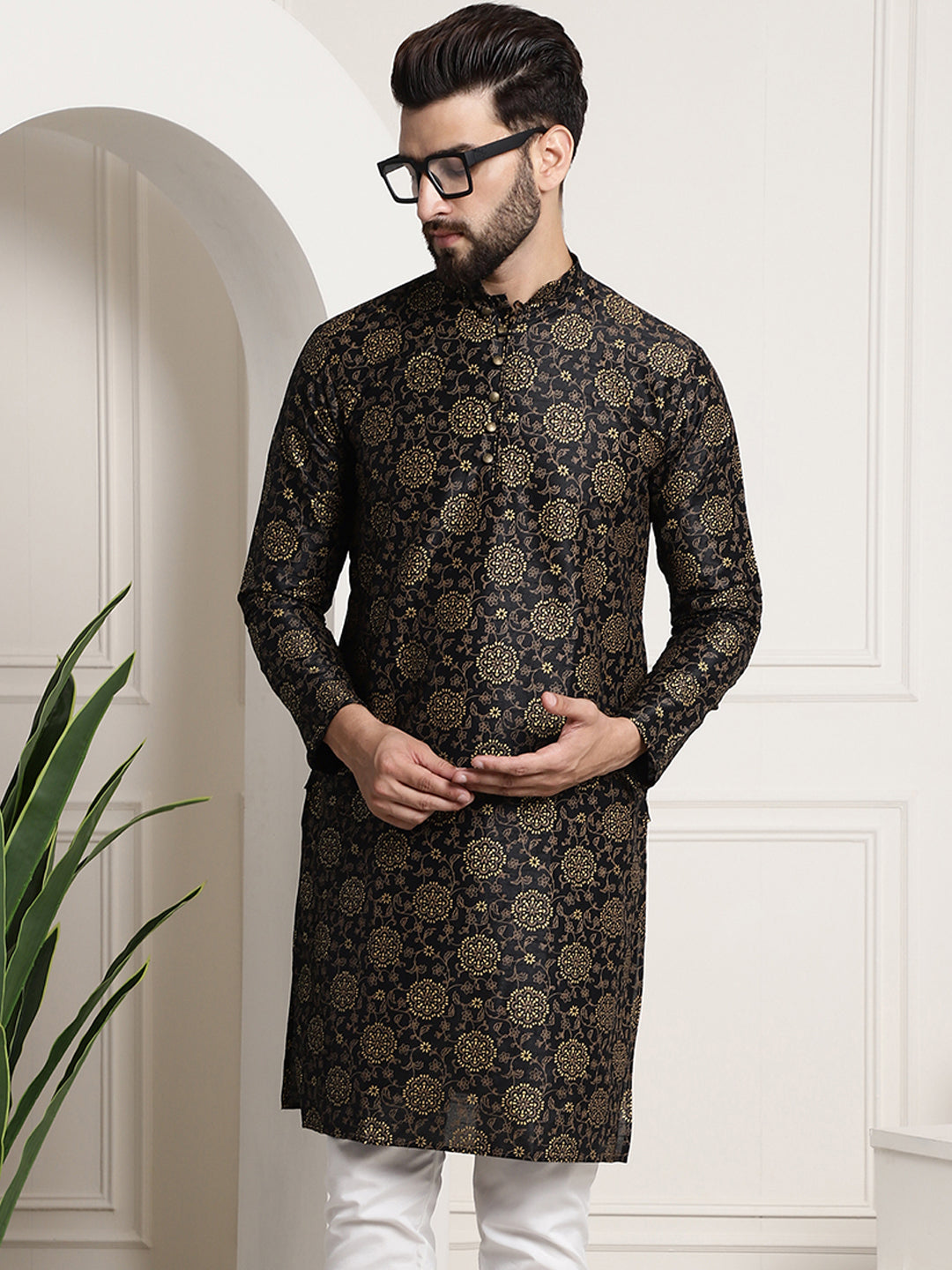 Men's Silk Blend Black Printed Long Kurta