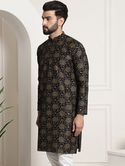 Men's Silk Blend Black Printed Long Kurta