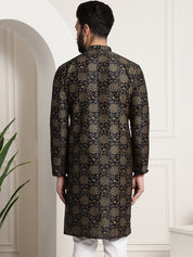 Men's Silk Blend Black Printed Long Kurta