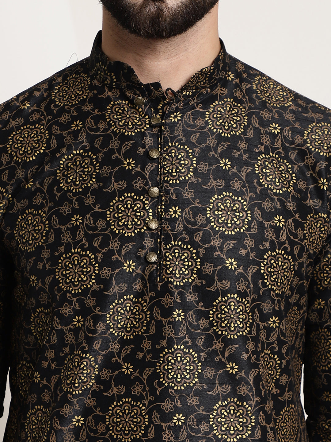 Men's Silk Blend Black Printed Long Kurta