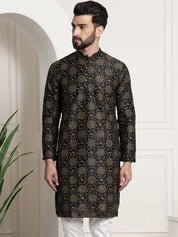 Men's Silk Blend Black Printed Long Kurta