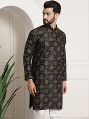 Men's Silk Blend Black Printed Long Kurta