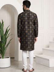 Men's Silk Blend Black Printed Kurta and White Churidar Pyjama Set