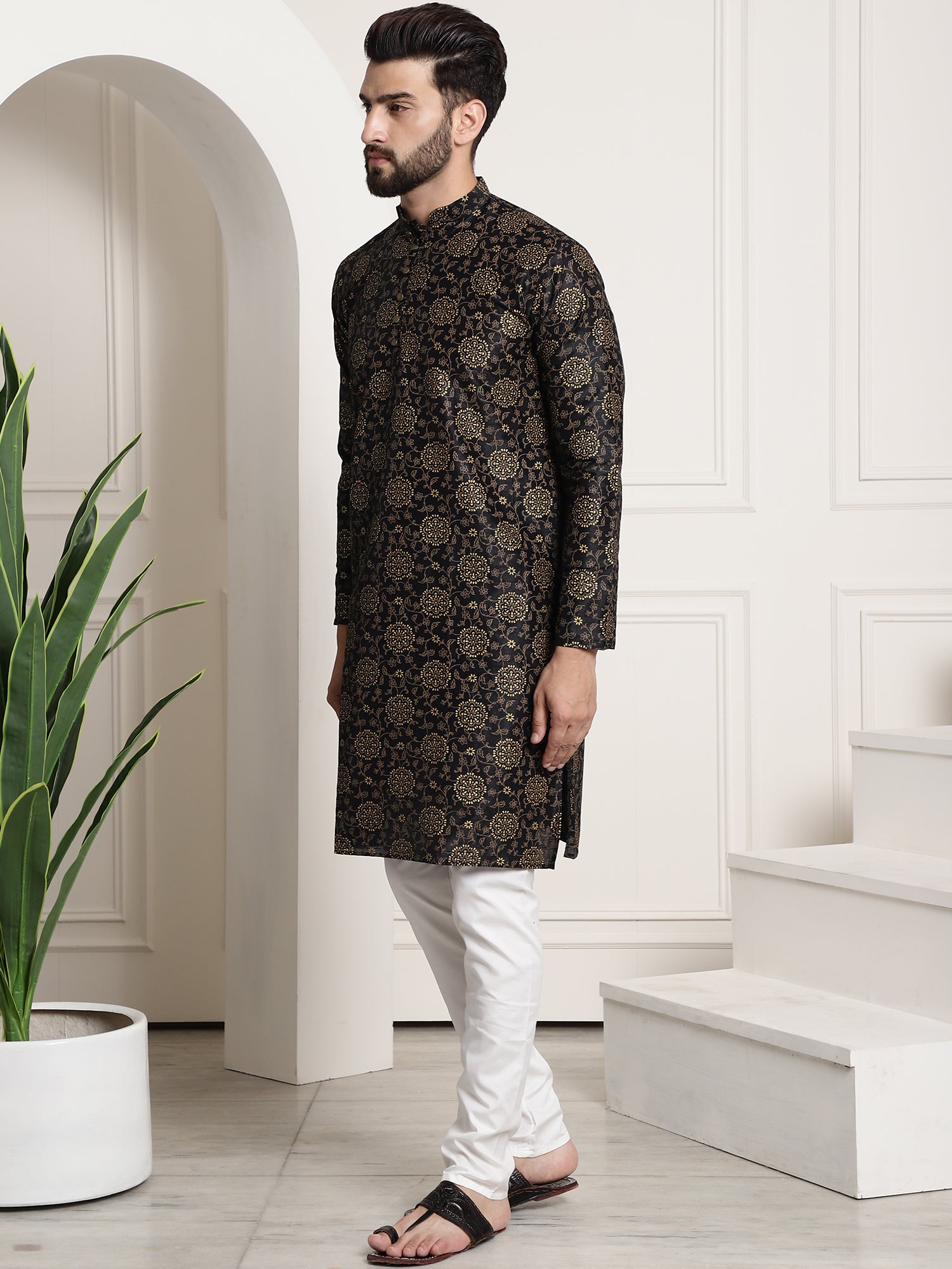 Men's Silk Blend Black Printed Kurta and White Churidar Pyjama Set