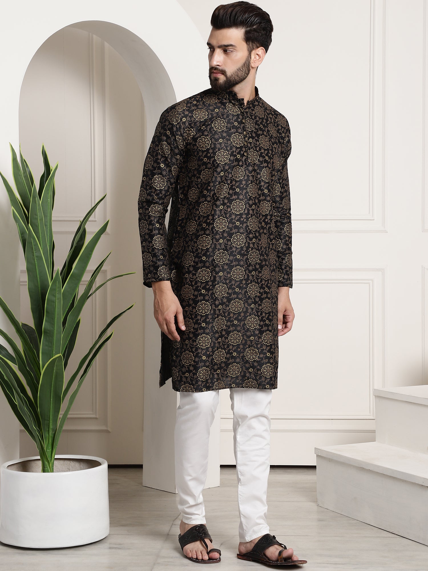 Men's Silk Blend Black Printed Kurta and White Churidar Pyjama Set