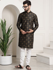 Men's Silk Blend Black Printed Kurta and White Churidar Pyjama Set