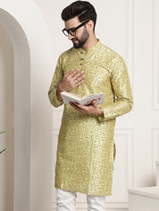 Men's Silk Blend Pista Green Printed Long Kurta