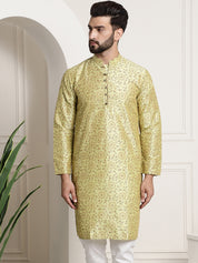 Men's Silk Blend Pista Green Printed Long Kurta