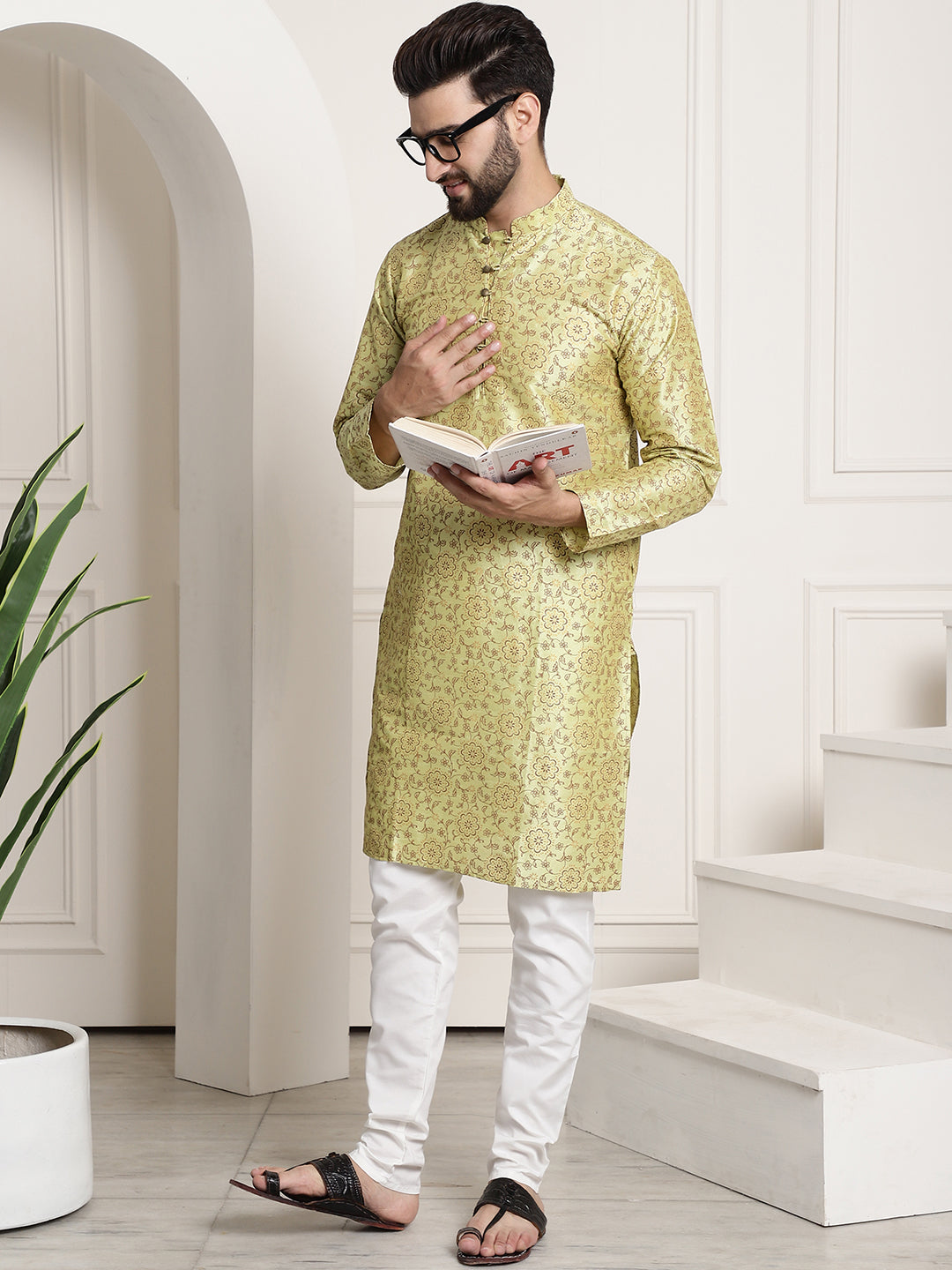 Men's Silk Blend Pista Green Printed Kurta and White Churidar Pyjama Set