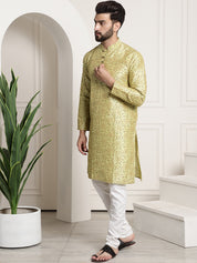 Men's Silk Blend Pista Green Printed Kurta and White Churidar Pyjama Set