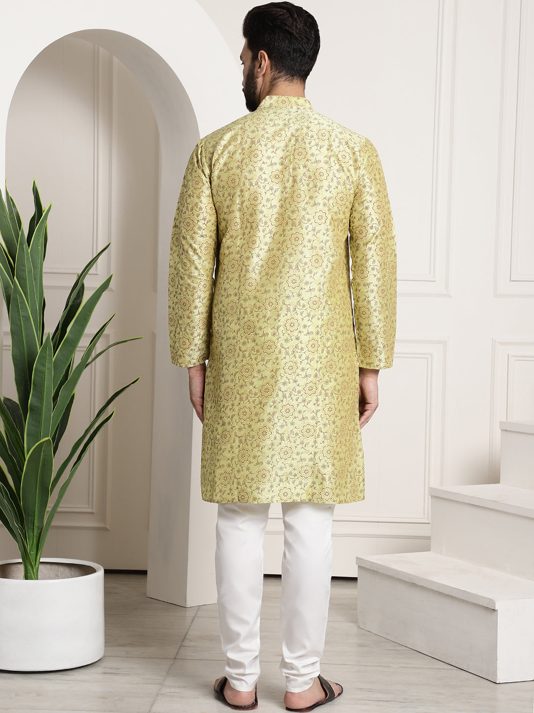 Men's Silk Blend Pista Green Printed Kurta and White Churidar Pyjama Set