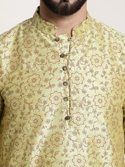 Men's Silk Blend Pista Green Printed Kurta and White Churidar Pyjama Set