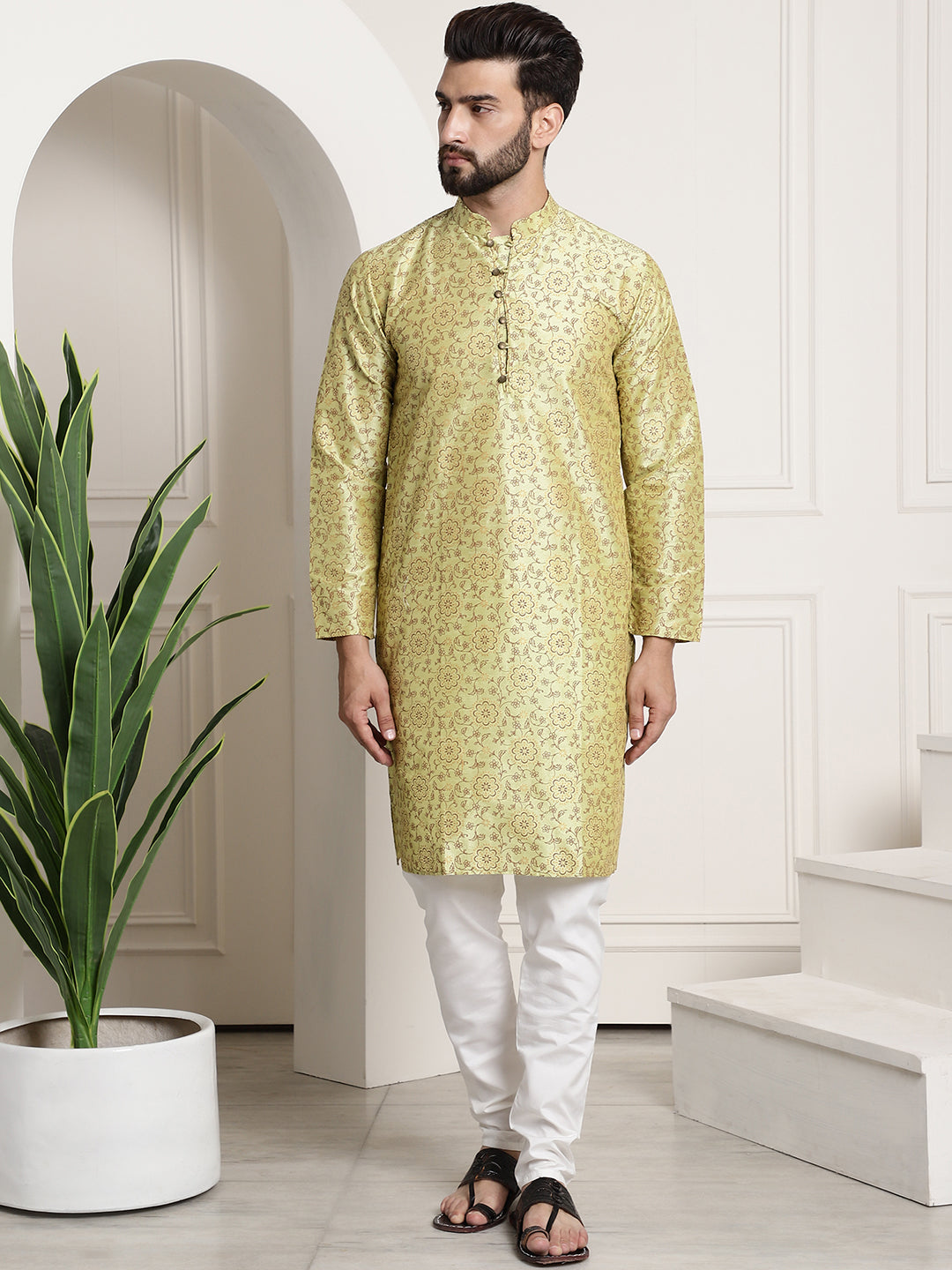 Men's Silk Blend Pista Green Printed Kurta and White Churidar Pyjama Set