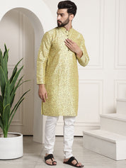 Men's Silk Blend Pista Green Printed Kurta and White Churidar Pyjama Set