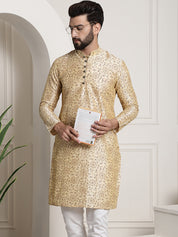 Men's Silk Blend Beige Printed Long Kurta