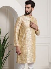 Men's Silk Blend Beige Printed Long Kurta