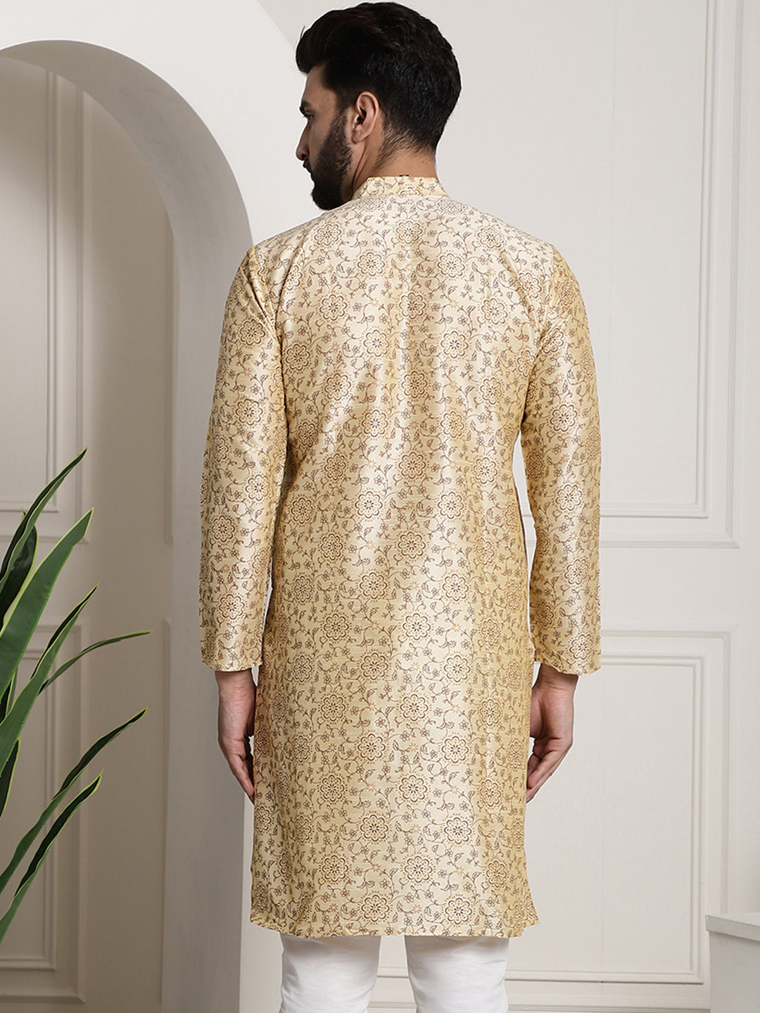 Men's Silk Blend Beige Printed Long Kurta