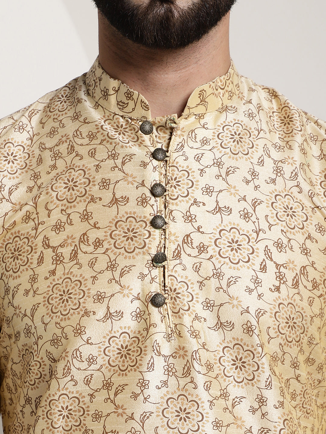 Men's Silk Blend Beige Printed Long Kurta