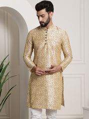 Men's Silk Blend Beige Printed Long Kurta