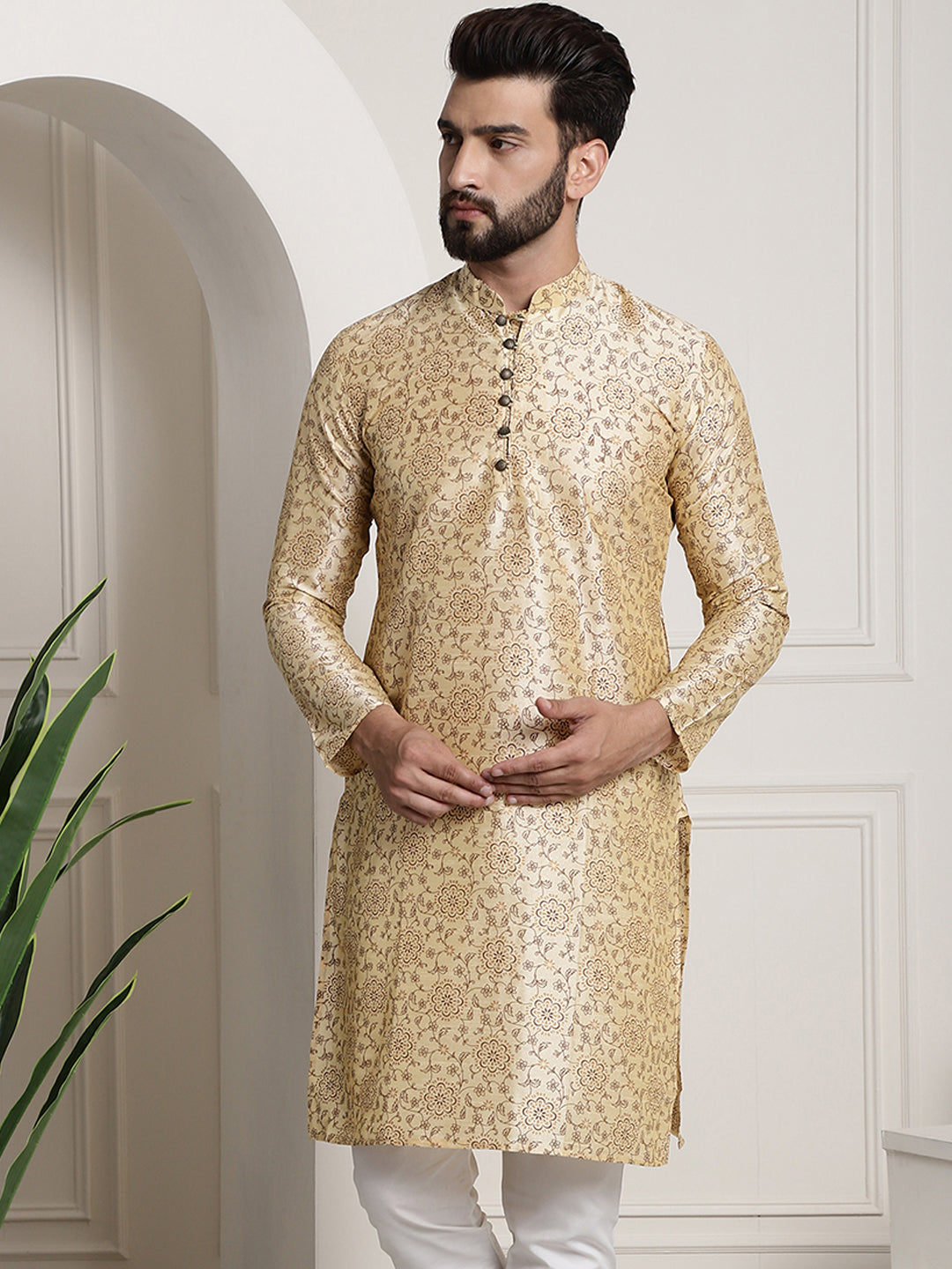 Men's Silk Blend Beige Printed Long Kurta