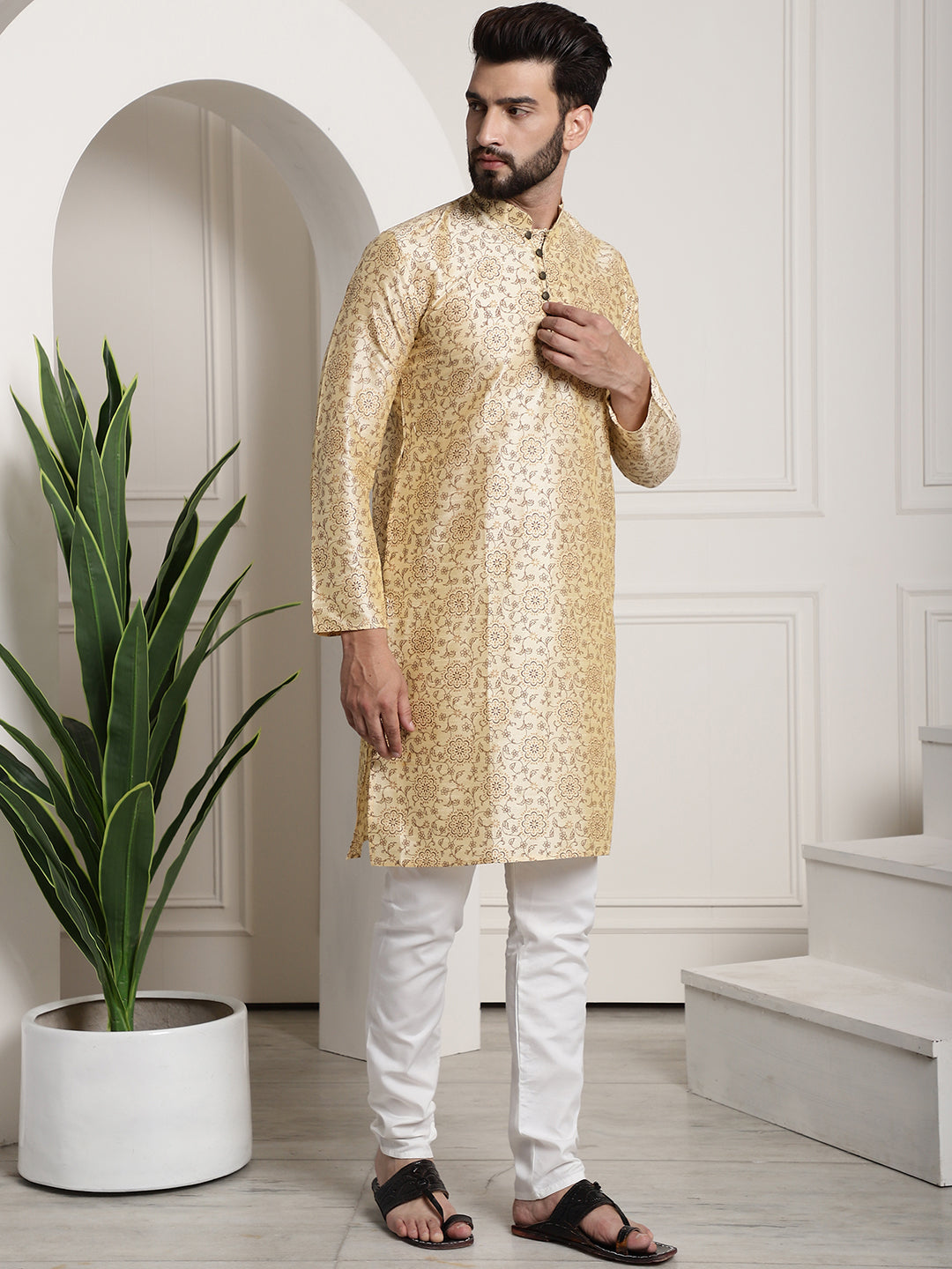 Men's Silk Blend Beige Printed Kurta and White Churidar Pyjama Set