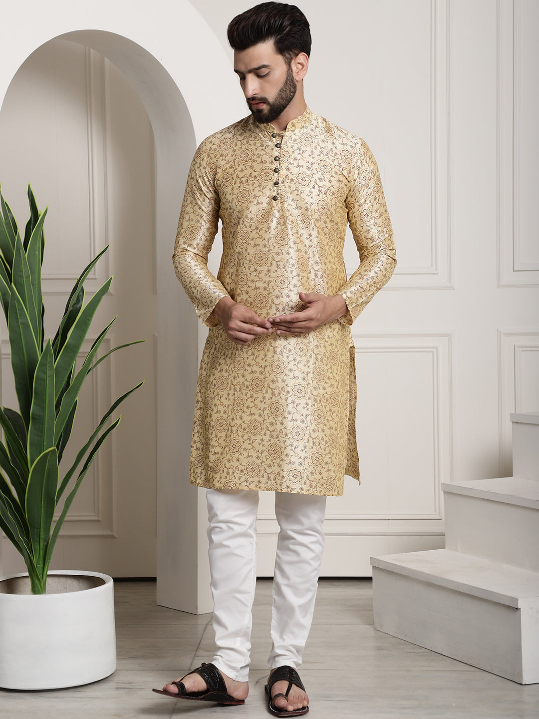 Men's Silk Blend Beige Printed Kurta and White Churidar Pyjama Set