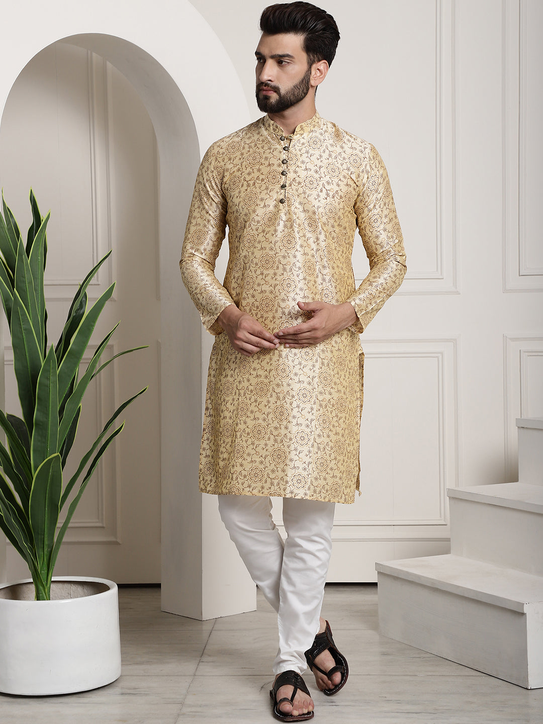 Men's Silk Blend Beige Printed Kurta and White Churidar Pyjama Set