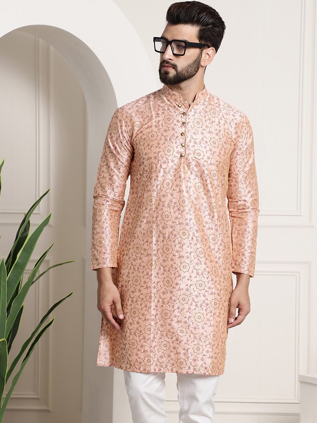 Men's Silk Blend Pink Printed Long Kurta