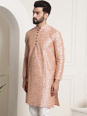 Men's Silk Blend Pink Printed Long Kurta