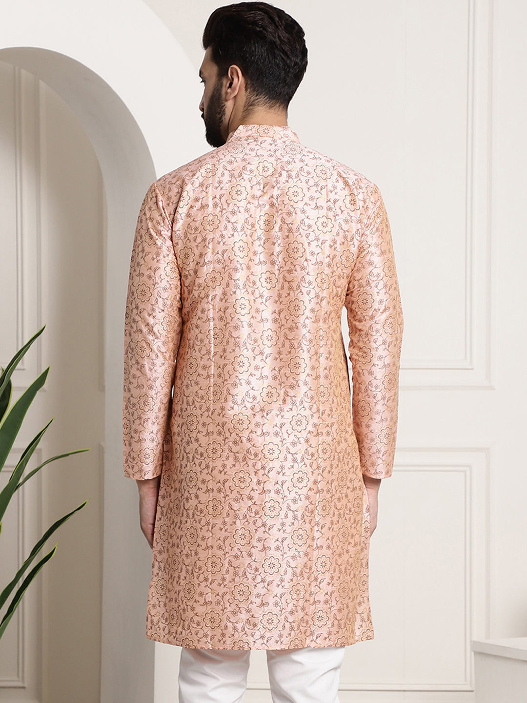 Men's Silk Blend Pink Printed Long Kurta