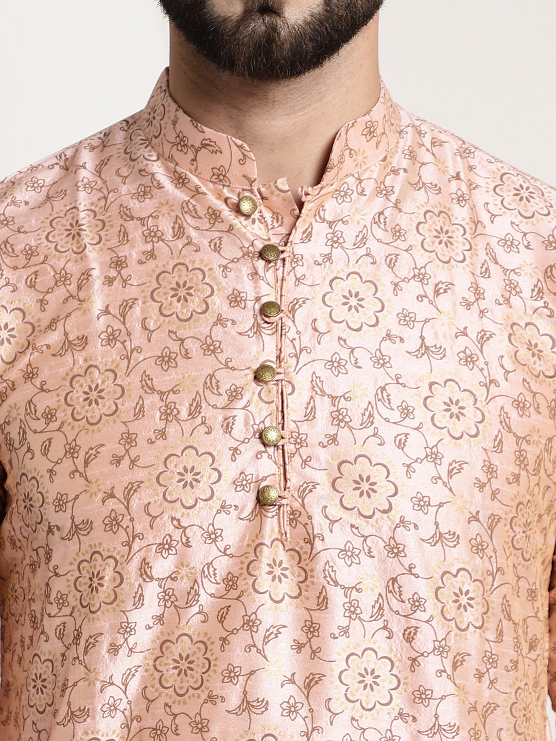 Men's Silk Blend Pink Printed Long Kurta