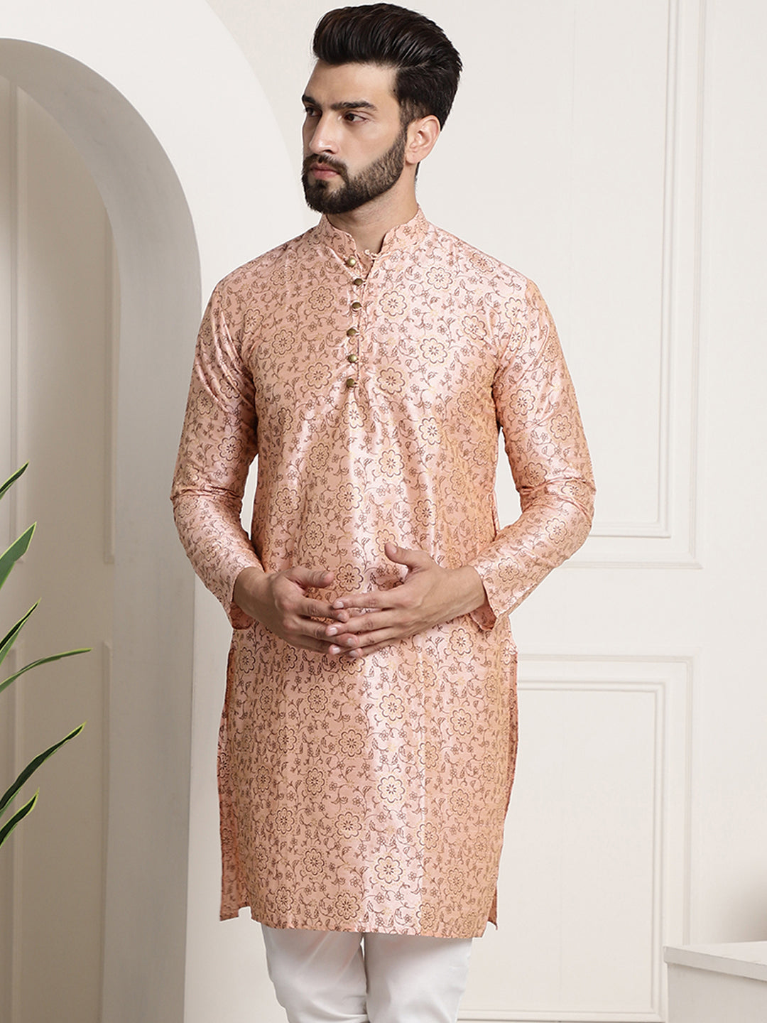 Men's Silk Blend Pink Printed Long Kurta