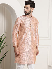 Men's Silk Blend Pink Printed Long Kurta