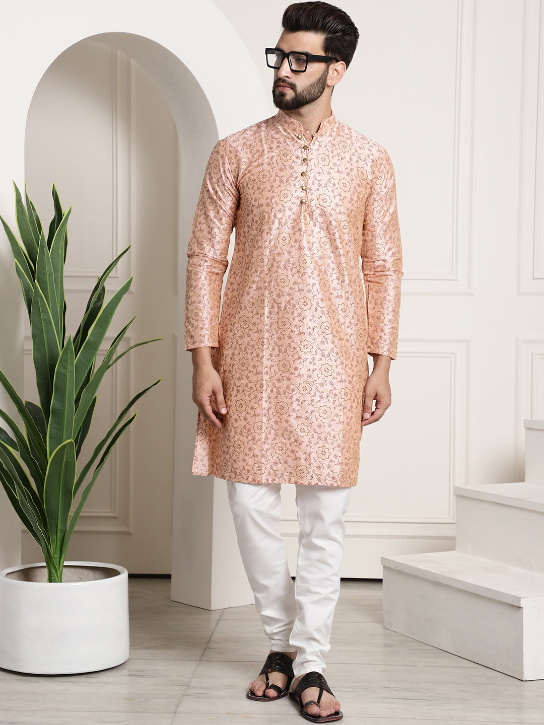 Men's Silk Blend Pink Printed Kurta and White Churidar Pyjama Set