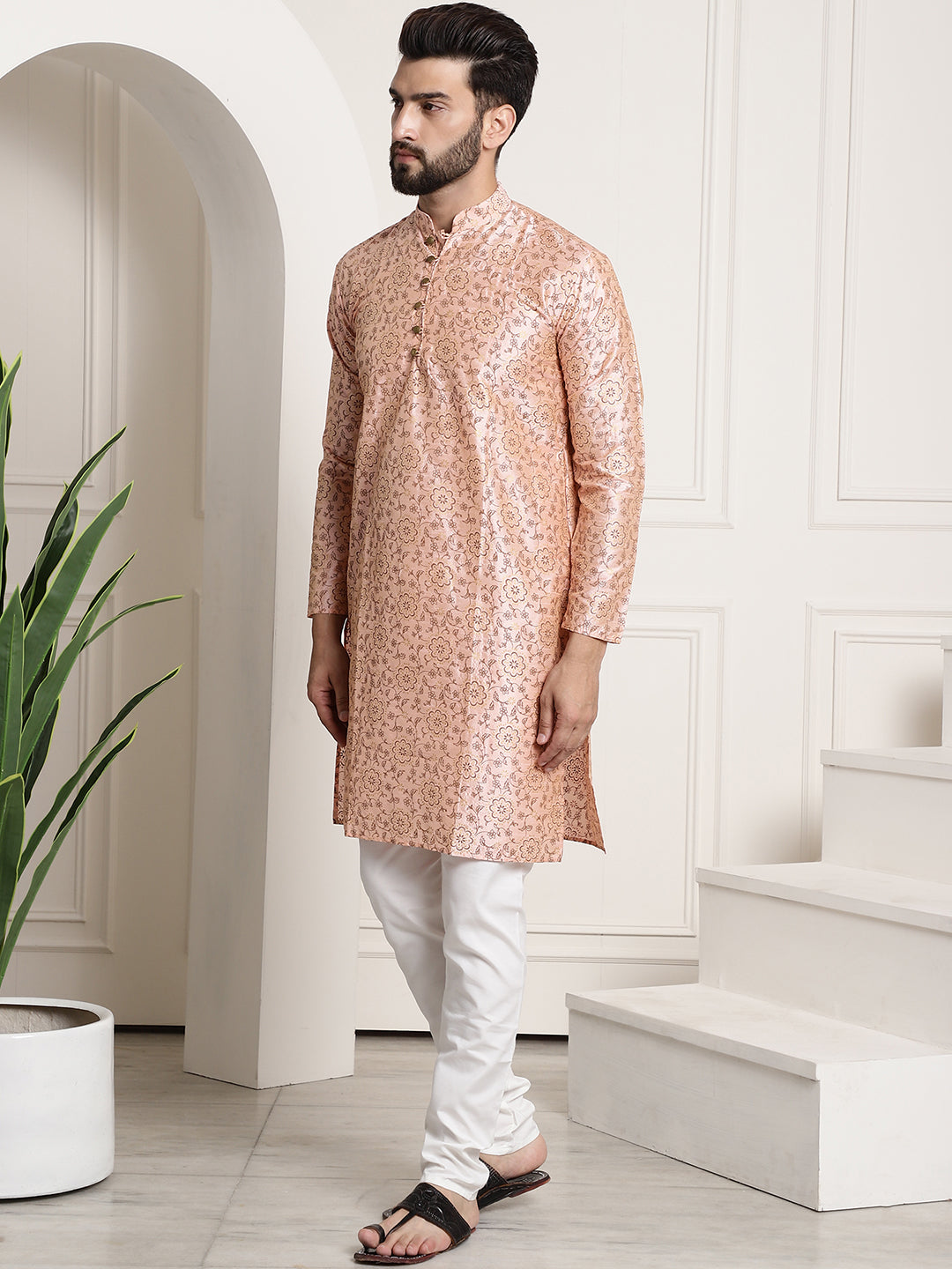 Men's Silk Blend Pink Printed Kurta and White Churidar Pyjama Set