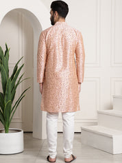 Men's Silk Blend Pink Printed Kurta and White Churidar Pyjama Set