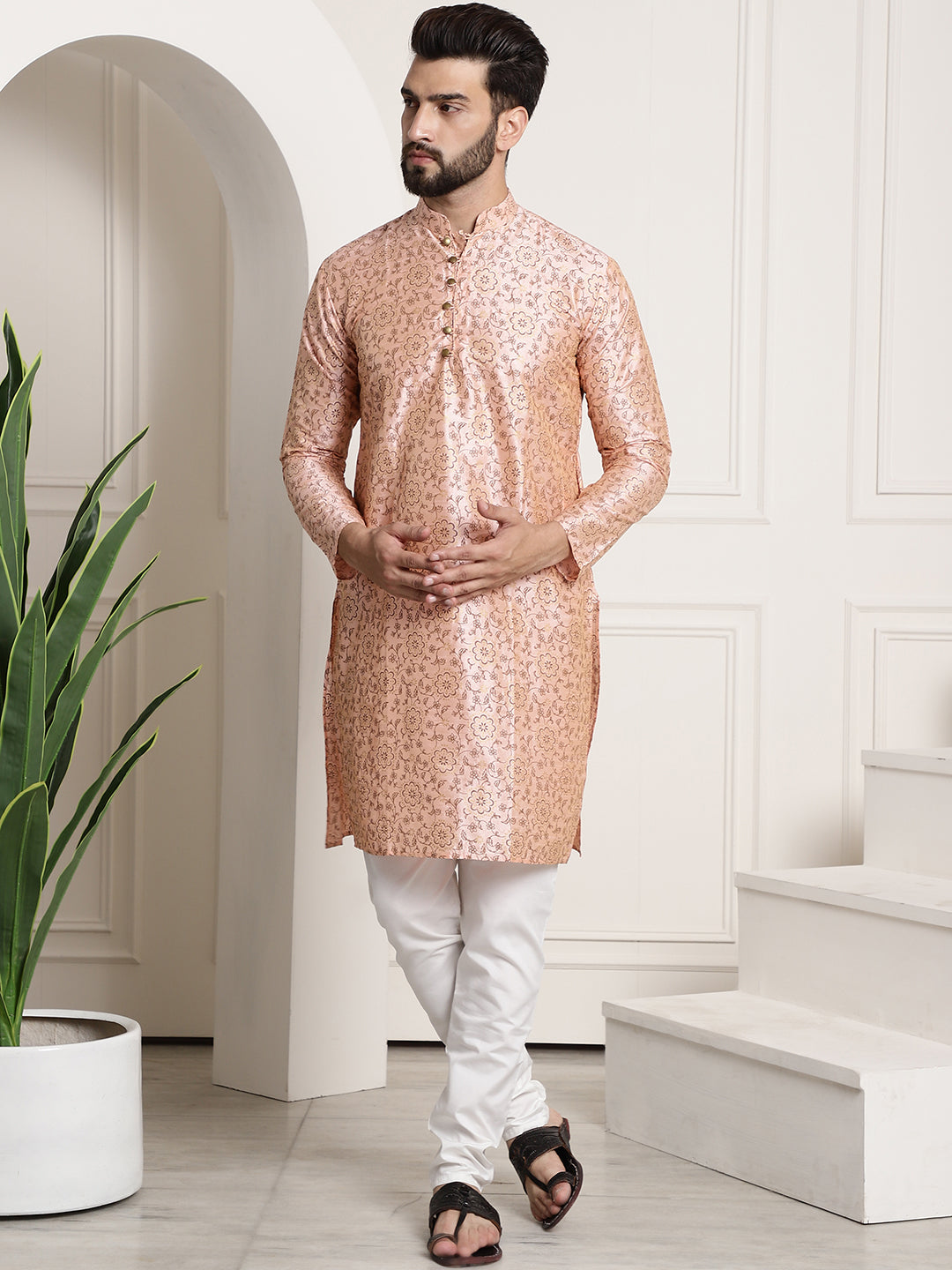 Men's Silk Blend Pink Printed Kurta and White Churidar Pyjama Set