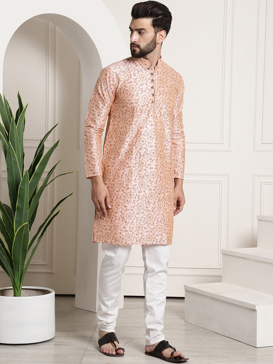 Men's Silk Blend Pink Printed Kurta and White Churidar Pyjama Set