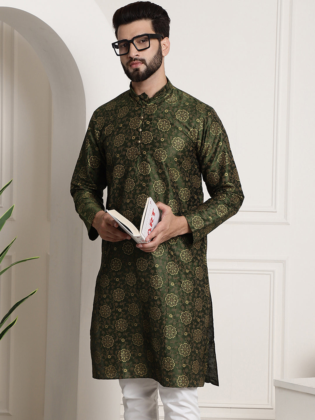 Men's Silk Blend Dark Green Printed Long Kurta