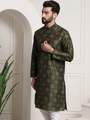 Men's Silk Blend Dark Green Printed Long Kurta